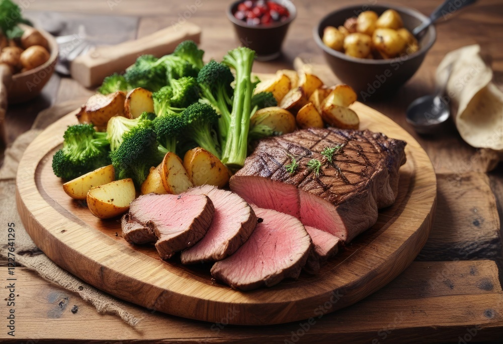 Grilled beef steak served on a rustic wooden plate with roasted potatoes and broccoli, beef, food Grilled beef steak served on a rustic wooden plate with roasted potatoes and broccoli, beef, food