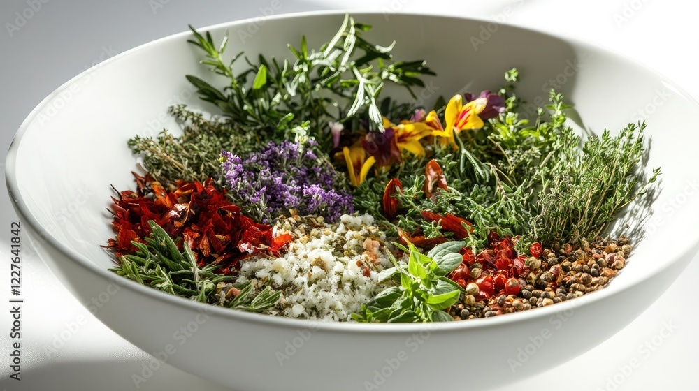 Assorted culinary herbs and garnishes displayed in a large white bowl showcasing vibrant colors and textures for a fresh cooking concept