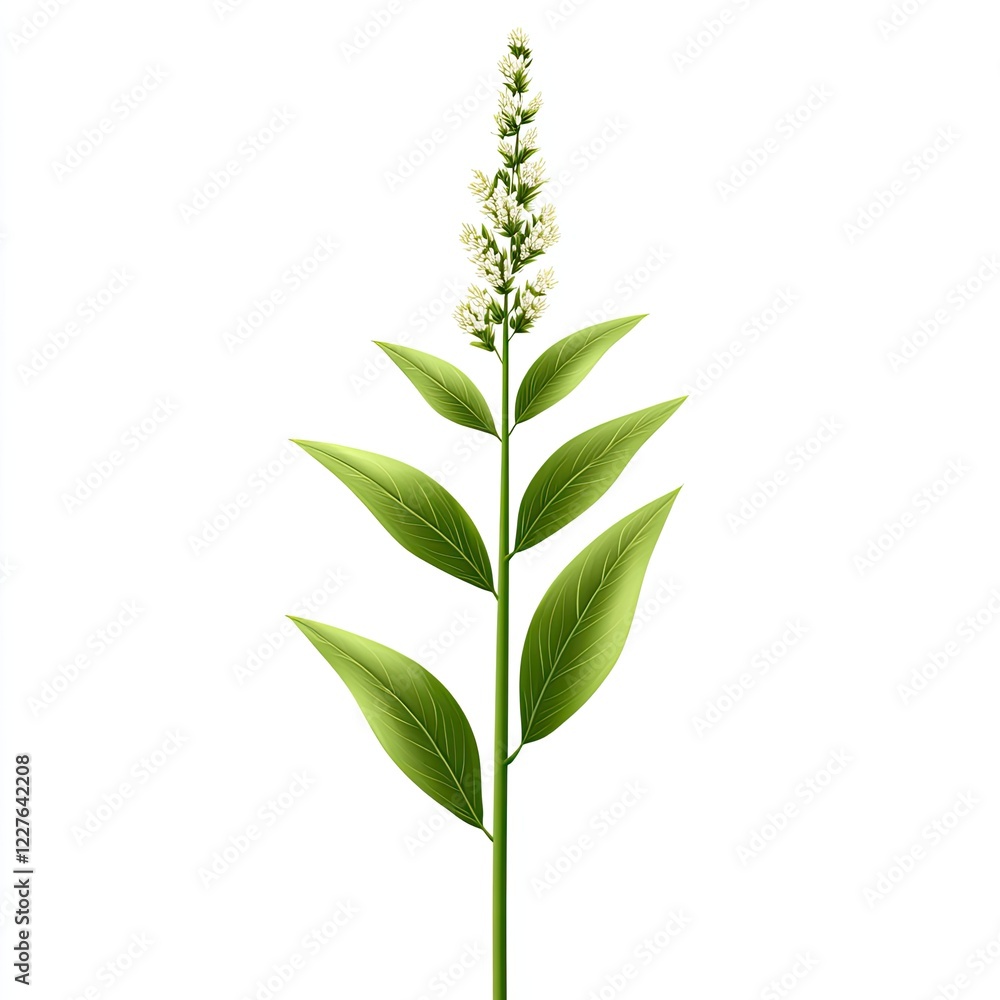 Fototapeta premium Vertical Green Plant Stem with White Flowers Isolated on White Background for Natural Theme Usage