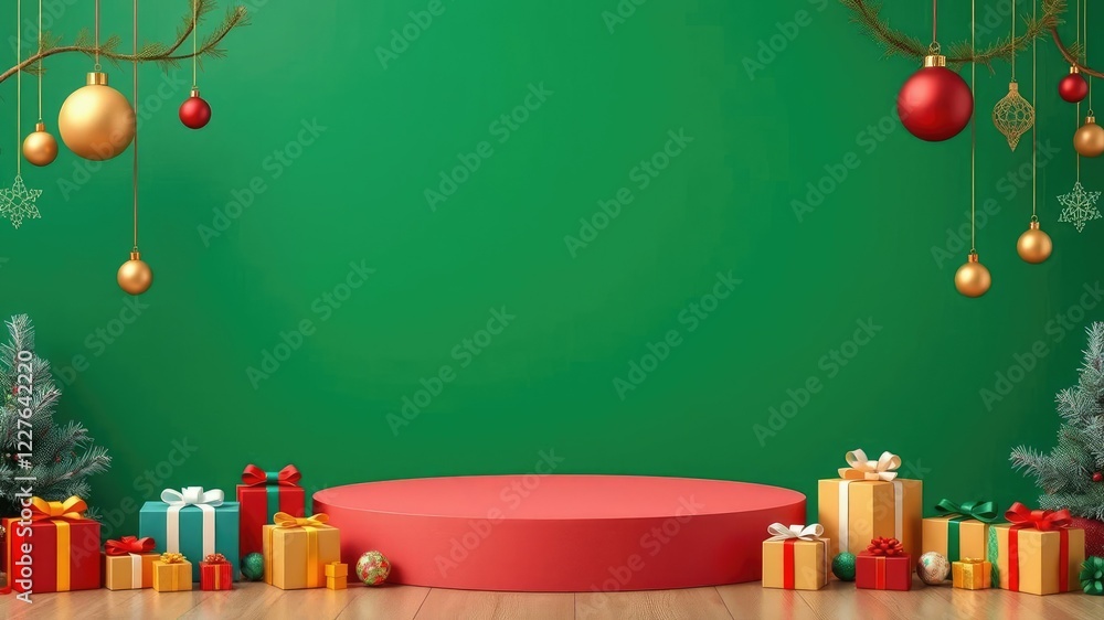 Green background Christmas podium stand with colorful gifts and ornaments, green backdrop, holiday display Green background Christmas podium stand with colorful gifts and ornaments, green backdrop, holiday display
