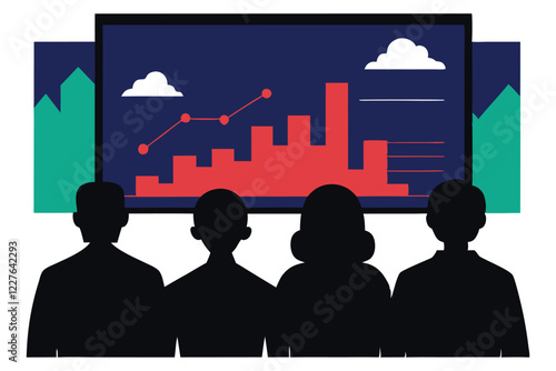 Vector silhouettes of people watching a stock price ticker in an outdoor urban setting,