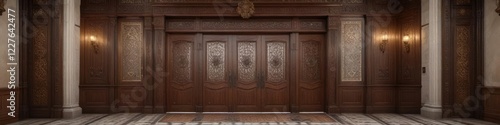 Grand entrance hall with ornate wooden doors and intricate tile work, ornate doors, decorative tiles