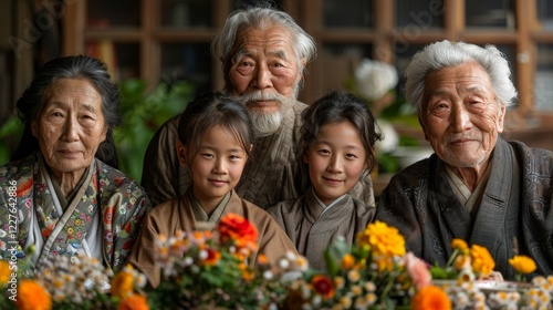 Three Generations of a Happy Asian Family Posing for a Portrait with Floral Arrangements