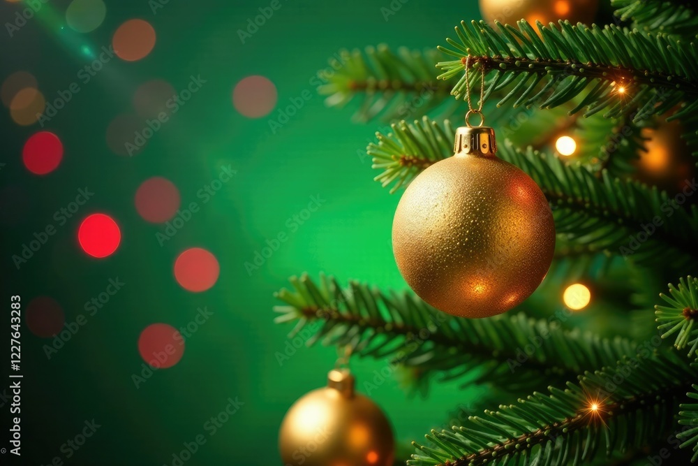 Golden ornaments on a fir tree against a bright and colorful green Christmas background with festive lights, holiday lights, evergreen branches Golden ornaments on a fir tree against a bright and colorful green Christmas background with festive lights, holiday lights, evergreen branches
