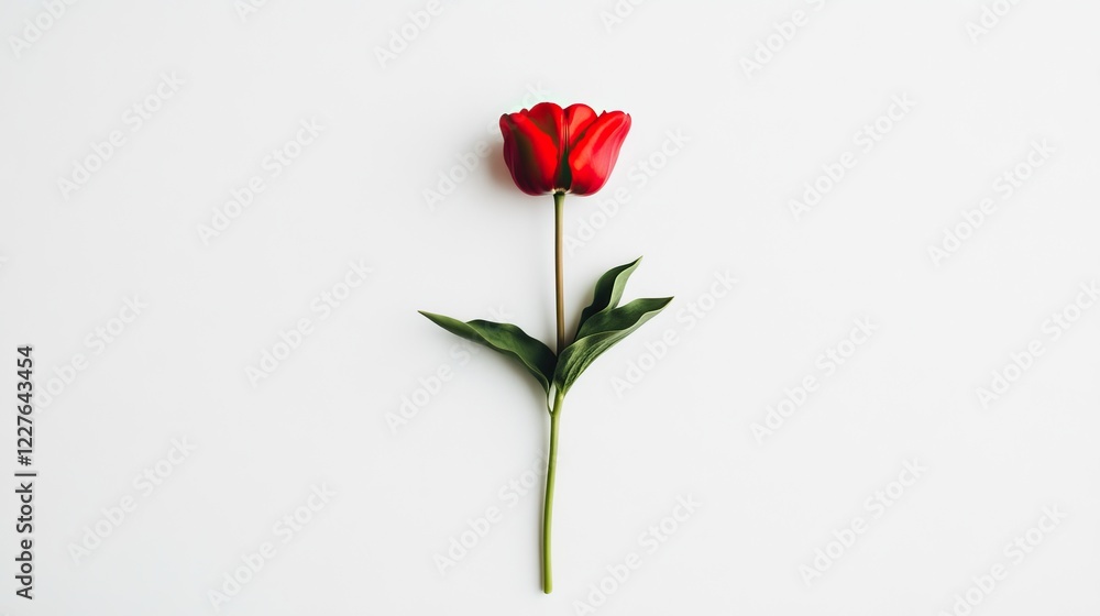 Obraz premium Red Tulip Flower on White Background Minimalist Layout for Elegant Floral Designs and Templates