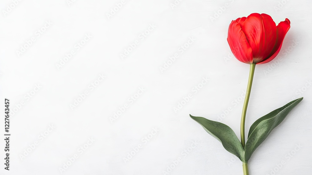 Single Beautiful Red Tulip with Green Leaves on Soft White Background in Natural Light Single Beautiful Red Tulip with Green Leaves on Soft White Background in Natural Light