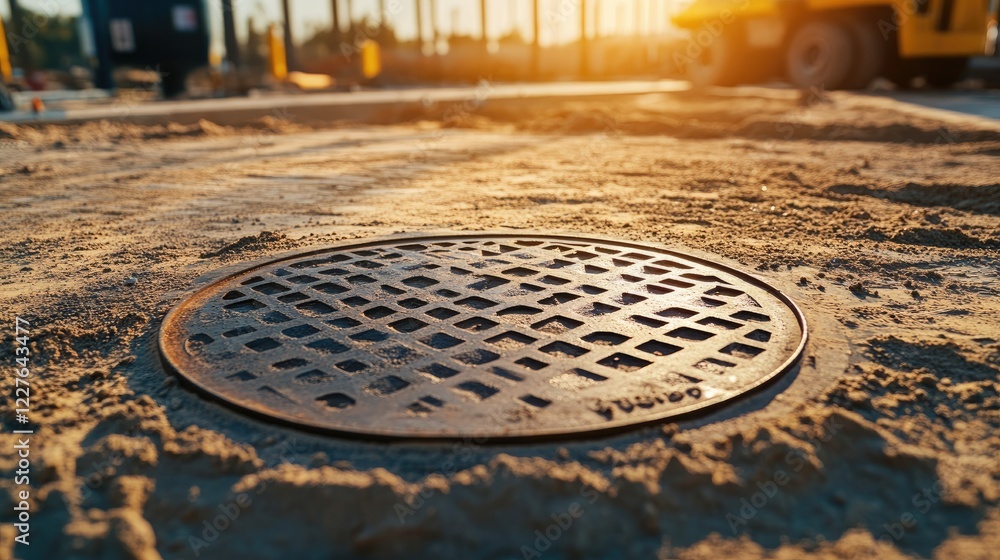 Close up of a modern manhole cover at a construction site with blurred sand background and golden hour lighting ideal for editorial use Close up of a modern manhole cover at a construction site with blurred sand background and golden hour lighting ideal for editorial use