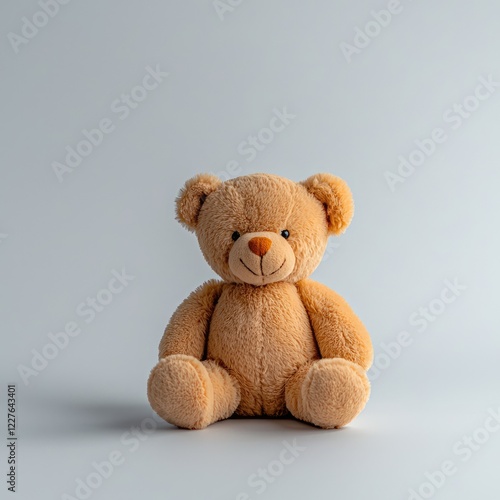 Cute plush teddy bear sitting on a soft surface with a calm expression against a minimalist backdrop