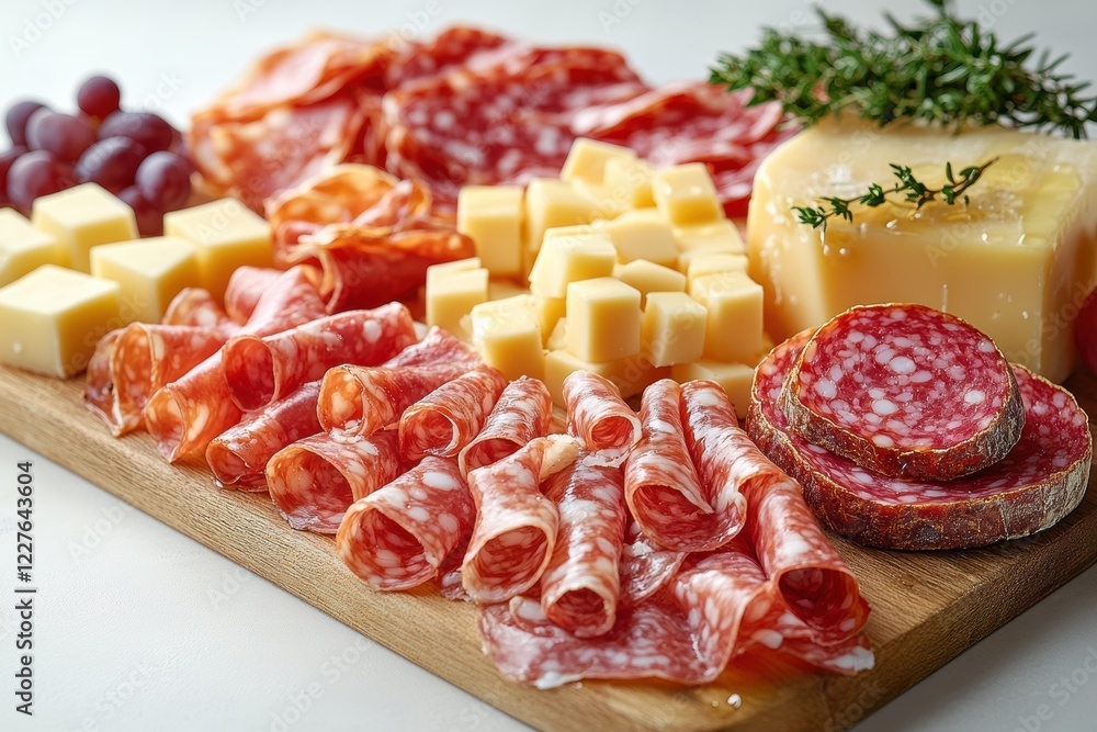 Obraz premium Assorted cured meats and cheeses are beautifully arranged on a wooden platter, complemented by fresh grapes and herbs. Ideal for a gathering or celebration
