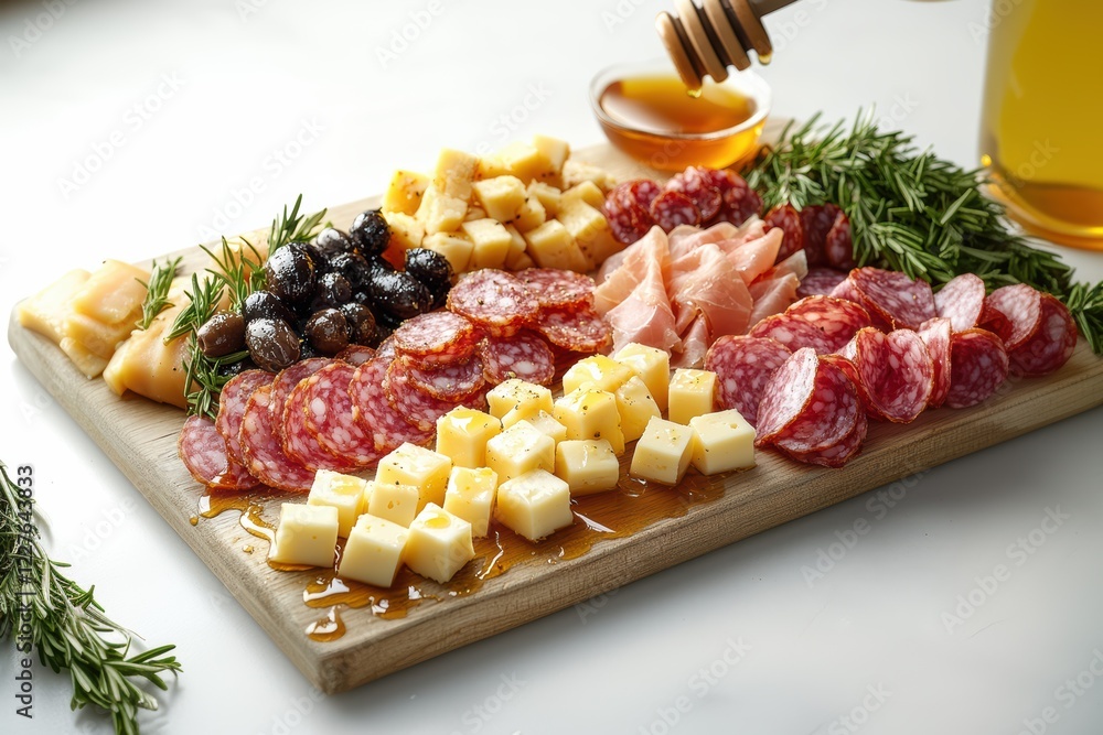 A beautifully arranged platter features various cheeses, cured meats, olives, and honey, adorned with fresh herbs. The setting highlights a modern kitchen ambiance, inviting indulgence A beautifully arranged platter features various cheeses, cured meats, olives, and honey, adorned with fresh herbs. The setting highlights a modern kitchen ambiance, inviting indulgence