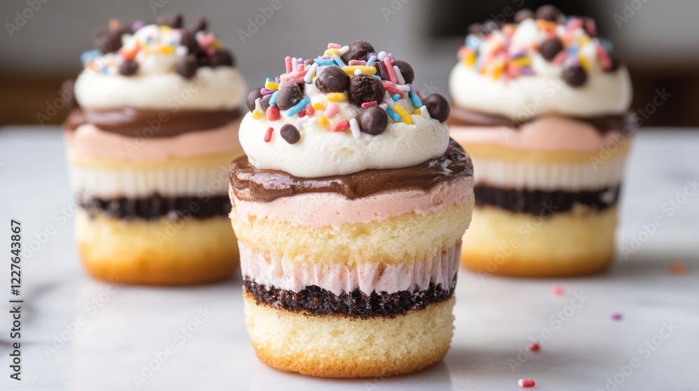 Layered birthday cupcakes with rich frosting and colorful sprinkles celebrating sweet moments of joy and special occasions Layered birthday cupcakes with rich frosting and colorful sprinkles celebrating sweet moments of joy and special occasions