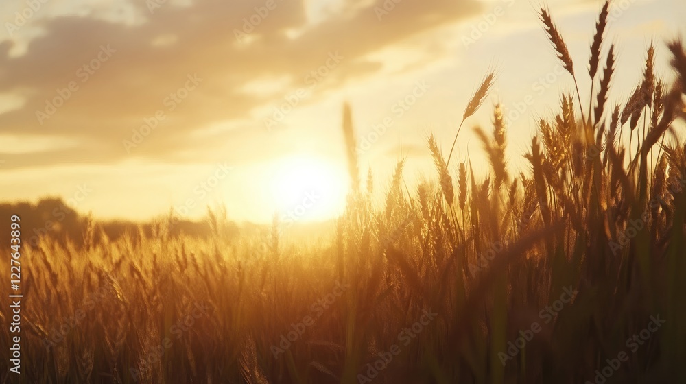 Panoramic wheat field under a golden sunset highlighting the beauty of nature's harvest at dusk Panoramic wheat field under a golden sunset highlighting the beauty of nature's harvest at dusk
