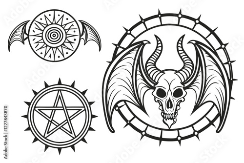 Dark fantasy tattoo designs, biomechanical elements, gothic symbolism, intricate line art, skeletal structures, demonic wings, tribal patterns, occult symbols, symmetrical compositions, thorny vines, 