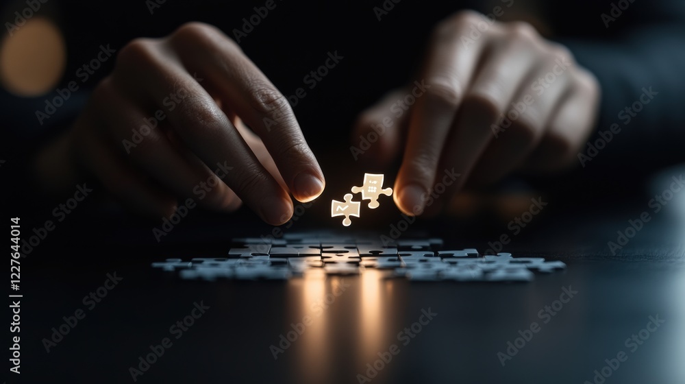 Solving puzzles enhances problem-solving skills. Close-up of hands assembling jigsaw puzzle pieces on a dark background, enhancing cognitive development. Solving puzzles enhances problem-solving skills. Close-up of hands assembling jigsaw puzzle pieces on a dark background, enhancing cognitive development.