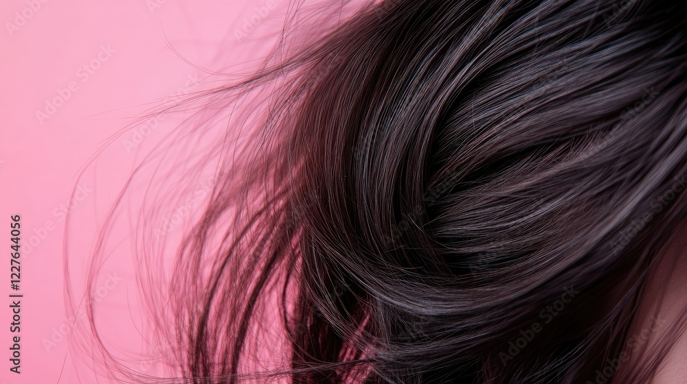 Naklejka premium Macro Shot of Glossy Human Hair Against Soft Pink Background Emphasizing Clean Beauty and Hair Care Concepts
