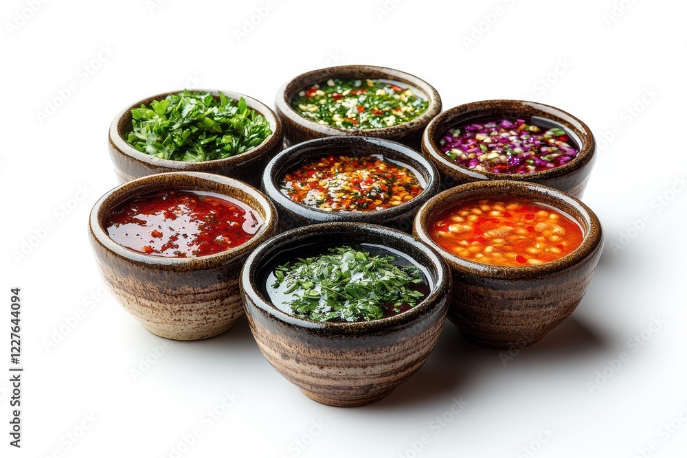 A variety of freshly made salsas and sauces are arranged in handmade bowls, showcasing vibrant colors and textures. The setup emphasizes the rich culinary flavors perfect for any meal A variety of freshly made salsas and sauces are arranged in handmade bowls, showcasing vibrant colors and textures. The setup emphasizes the rich culinary flavors perfect for any meal