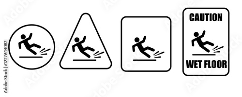 Wet floor - warning sign isolated on white background. Set of vector illustrations in different form. Caution symbol warns of possible injury due to a fall on slippery floor. Used during wet cleaning.