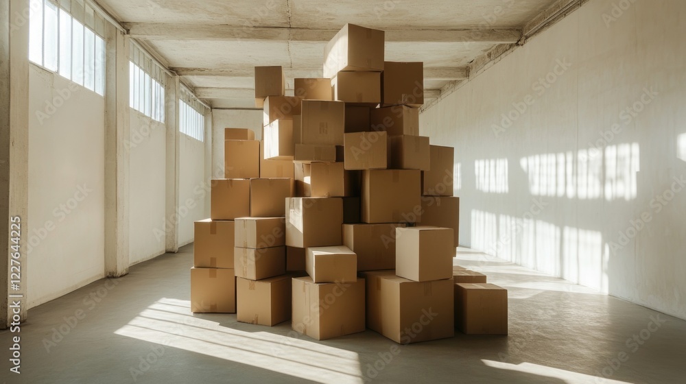 Cardboard boxes stacked in a spacious empty room illuminated by natural light creating a minimalist and organized atmosphere. Cardboard boxes stacked in a spacious empty room illuminated by natural light creating a minimalist and organized atmosphere.
