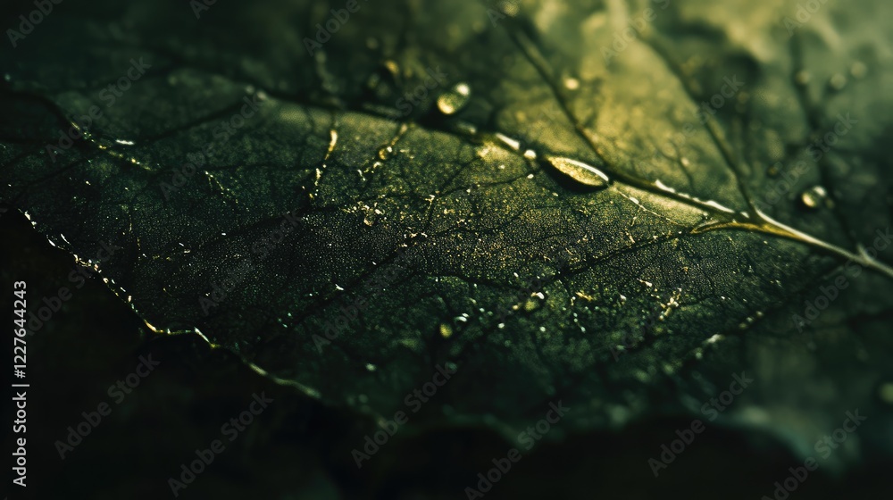 Macro close-up of a green leaf showcasing intricate details and glistening water droplets for a refreshing natural atmosphere. Macro close-up of a green leaf showcasing intricate details and glistening water droplets for a refreshing natural atmosphere.