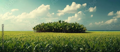 Scenic island with lush cornfield plantation under a bright sky offering spacious design layout for text or branding needs photo