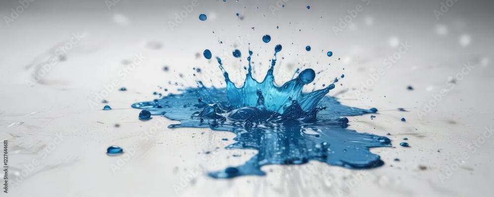 Naklejka premium Splash of blue water on a white surface with scattered droplets, textured pattern, peaceful scene , water drops