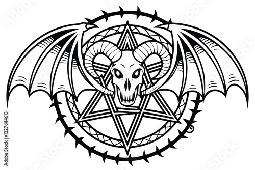 Dark fantasy tattoo designs, biomechanical elements, gothic symbolism, intricate line art, skeletal structures, demonic wings, tribal patterns, occult symbols, symmetrical compositions, thorny vines, 