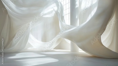 Fototapeta Naklejka Na Ścianę i Meble -  Abstract interior space with flowing white fabric creating a serene and ethereal atmosphere illuminated by soft natural light.