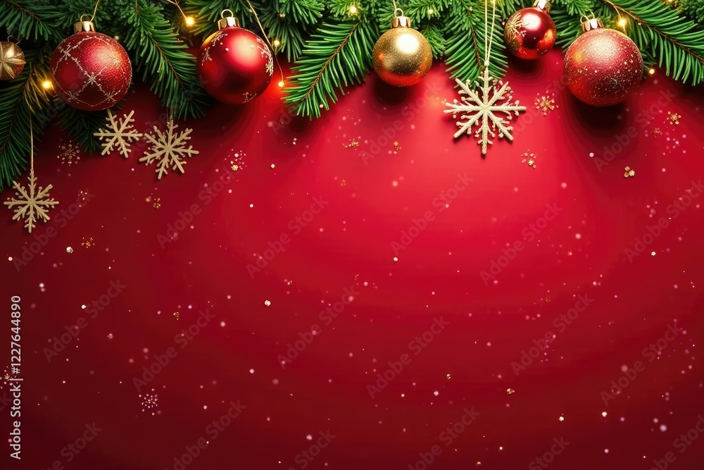 Sparkling snowflakes and ornaments on a red background with a Christmas garland, holiday, decoration, winter Sparkling snowflakes and ornaments on a red background with a Christmas garland, holiday, decoration, winter