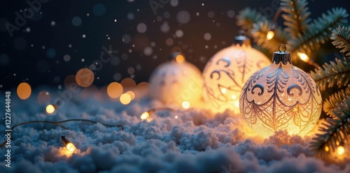 Sparkling white lights intertwined with frosted glass ornaments, shine, decoration, ornament