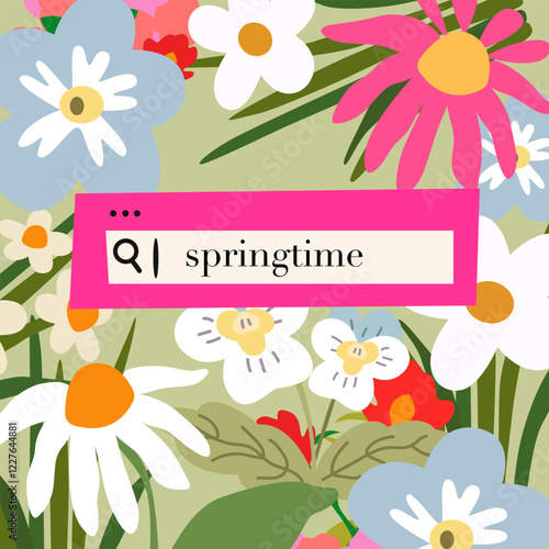 Spring flowers retro poster. Floral banner for decoration Spring events, Mother's Day, Easter. Beautiful abstract wild flowers. Cute floral art design. Spring time background