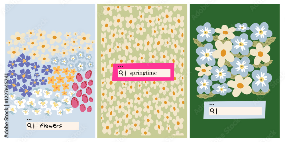 Abstract retro aesthetic backgrounds set with daisy flowers. Spring flowers retro posters. Floral banner for decoration Spring events. Illustrations for a flower shop, social media, prints Abstract retro aesthetic backgrounds set with daisy flowers. Spring flowers retro posters. Floral banner for decoration Spring events. Illustrations for a flower shop, social media, prints