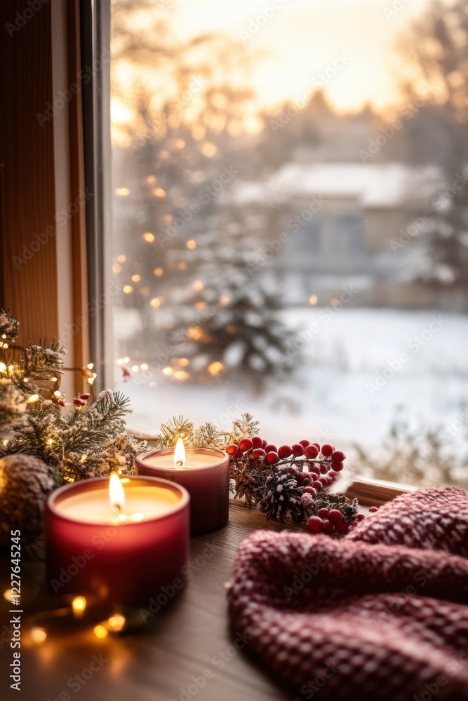 Candle and decoration by window with beautiful winter scene outside. Candle and decoration by window with beautiful winter scene outside.
