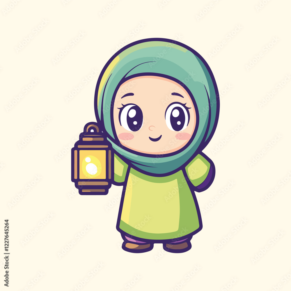 Cute Girl Moslem Holding Lantern Holding vector illustration Cute Girl Moslem Holding Lantern Holding vector illustration