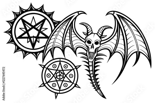 Dark fantasy tattoo designs, biomechanical elements, gothic symbolism, intricate line art, skeletal structures, demonic wings, tribal patterns, occult symbols, symmetrical compositions, thorny vines, 