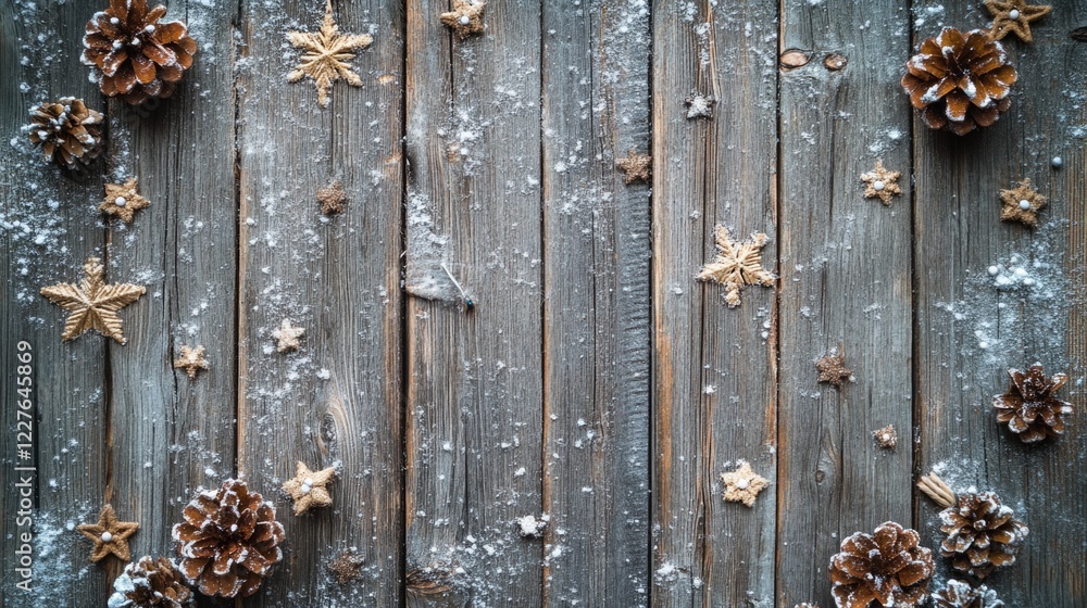 Rustic wooden background adorned with Christmas decorations ideal for festive greeting card design featuring blank space for personalized messages Rustic wooden background adorned with Christmas decorations ideal for festive greeting card design featuring blank space for personalized messages