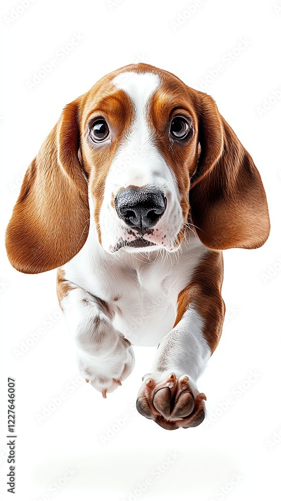 a basset hound with big floppy ears running, exaggerated motion blur, comical and cute, isolated on white background a basset hound with big floppy ears running, exaggerated motion blur, comical and cute, isolated on white background