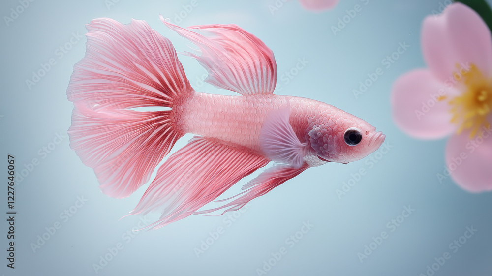 Fototapeta premium Pink jelly like betta fish with flowing fins swimming gracefully