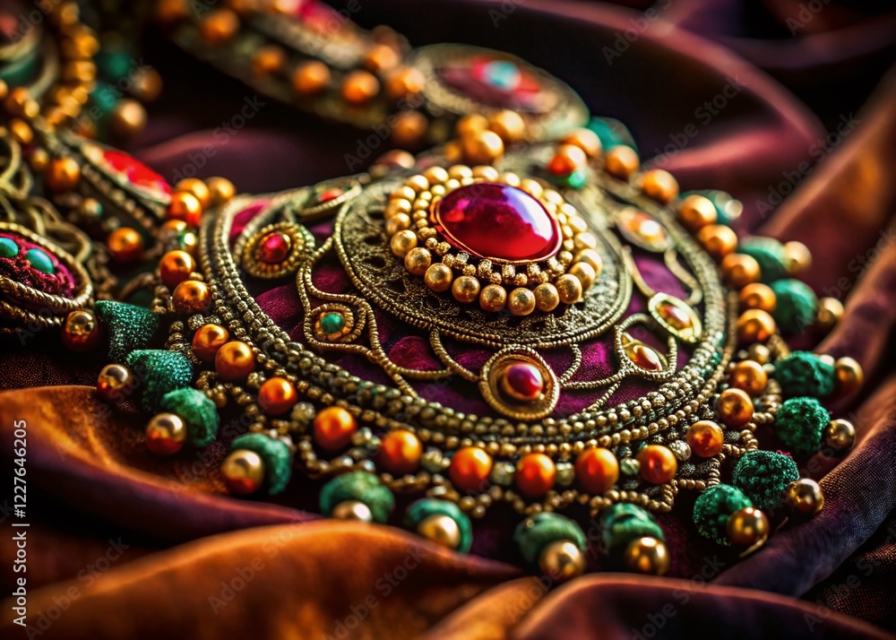 Fototapeta premium Antique Russian Necklace on Velvet Fabric - Close-up Detail