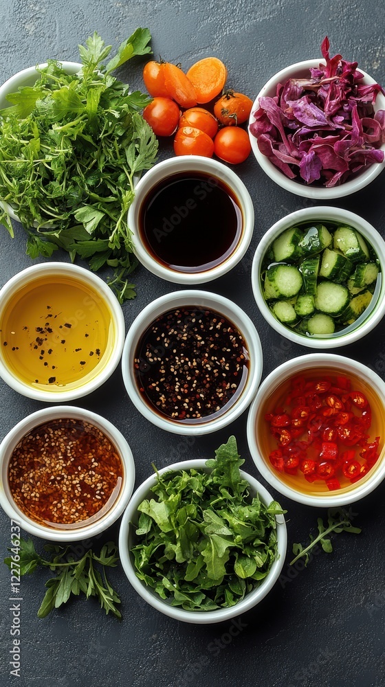 Various fresh vegetables, herbs, and sauces are neatly arranged in small bowls on a dark countertop, showcasing preparations for a vibrant salad or dish Various fresh vegetables, herbs, and sauces are neatly arranged in small bowls on a dark countertop, showcasing preparations for a vibrant salad or dish
