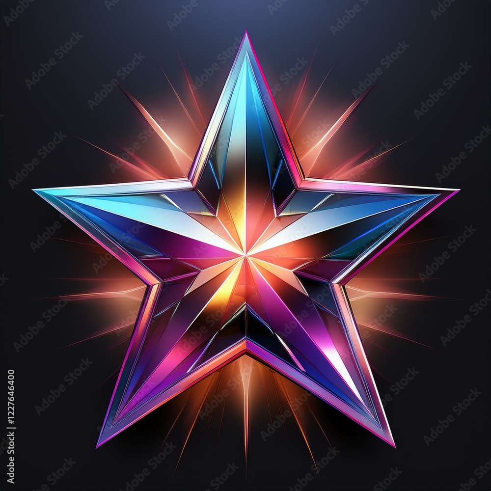 Radiant Starburst: A 3D rendered, multifaceted star explodes with vibrant, iridescent hues of blue, purple, and orange, radiating light and energy against a deep, dark background. Radiant Starburst: A 3D rendered, multifaceted star explodes with vibrant, iridescent hues of blue, purple, and orange, radiating light and energy against a deep, dark background.