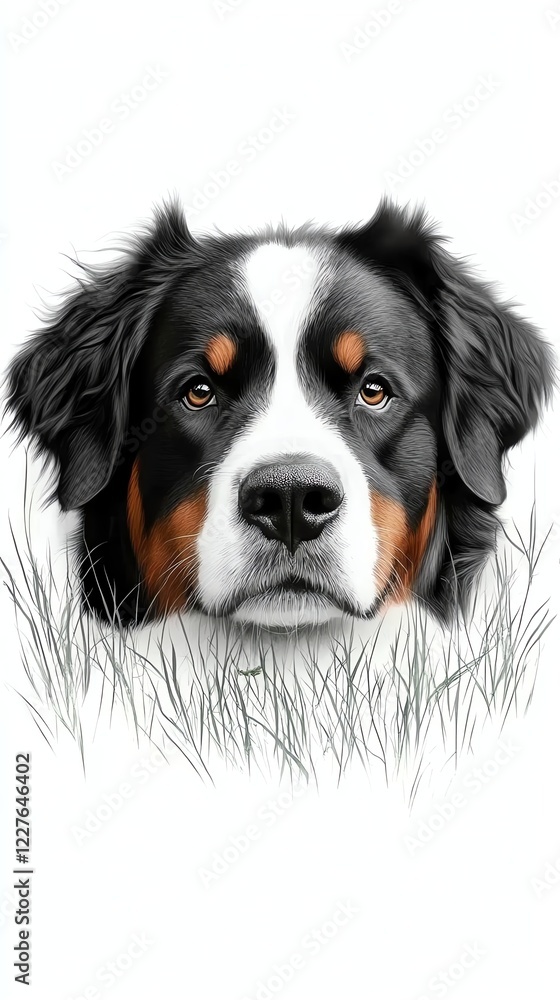 a Bernese Mountain Dog lying in the grass, peaceful countryside setting, soft brush strokes, isolated on white background a Bernese Mountain Dog lying in the grass, peaceful countryside setting, soft brush strokes, isolated on white background