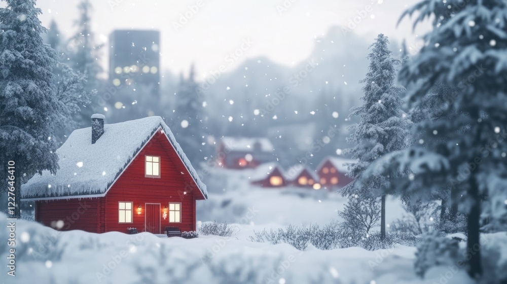 Cozy red cabin chalet in a snowy winter landscape with pine trees and soft snowfall for festive holiday celebrations and seasonal text space Cozy red cabin chalet in a snowy winter landscape with pine trees and soft snowfall for festive holiday celebrations and seasonal text space