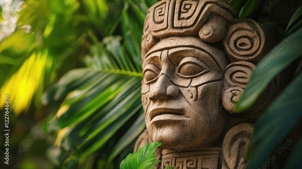 Intricate details of ancient Mesoamerican statue surrounded by lush tropical plant leaves in a vibrant natural setting Intricate details of ancient Mesoamerican statue surrounded by lush tropical plant leaves in a vibrant natural setting