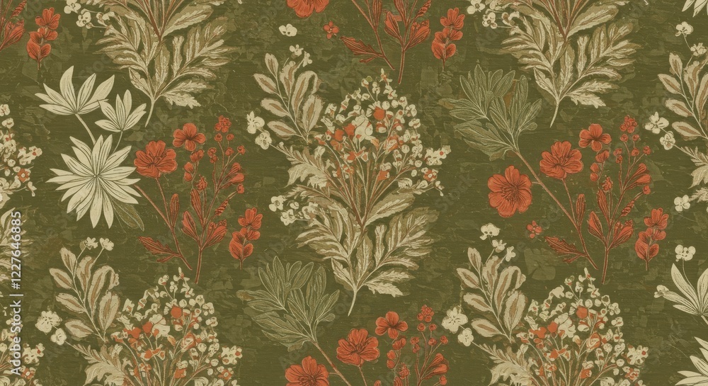 A botanical-inspired floral fabric pattern with muted tones of olive green, terracotta, and cream. A botanical-inspired floral fabric pattern with muted tones of olive green, terracotta, and cream.