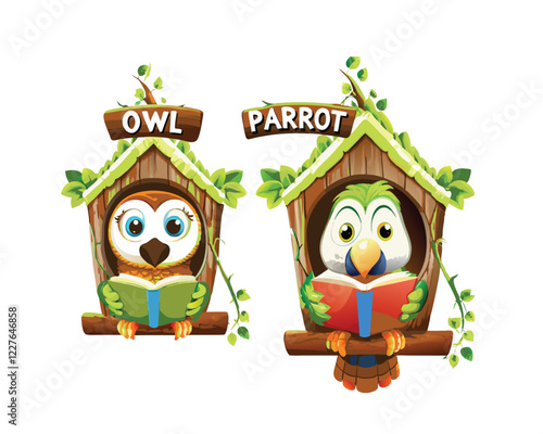 vector owl and parrot reading book in birdhouse 