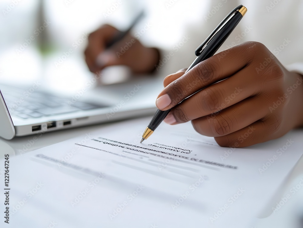 A person reviewing an insurance policy, surrounded by documents and a laptop A person reviewing an insurance policy, surrounded by documents and a laptop