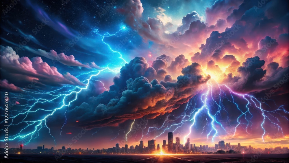 Obraz premium Electric Stormy Night Sky with Comic Book Backdrop and Vibrant Lightning