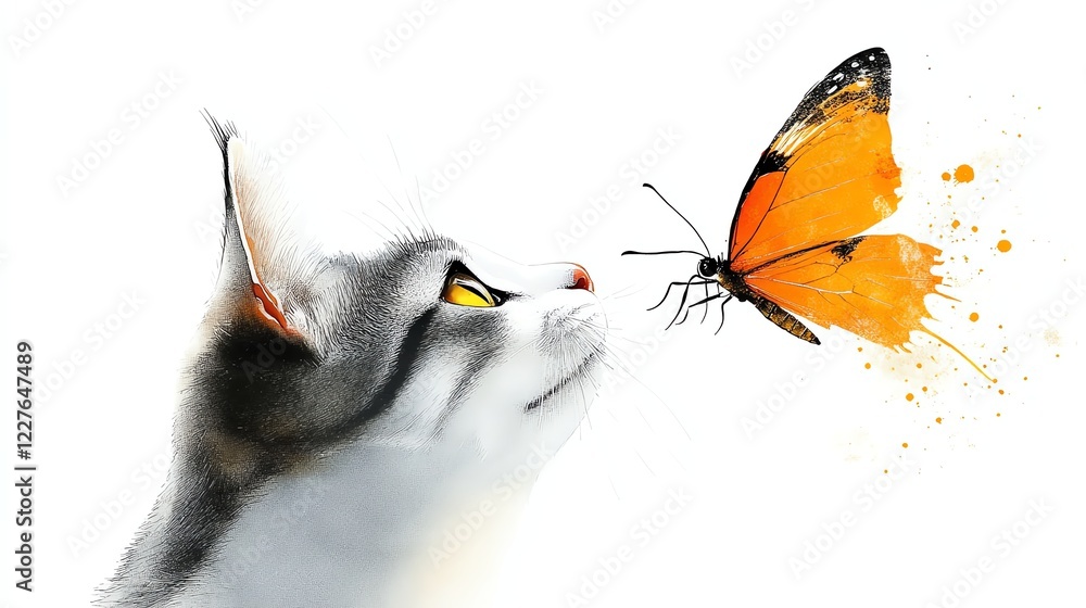 Obraz premium a cat playing with a butterfly, charming and delicate, fantasy watercolor art, isolated on white background