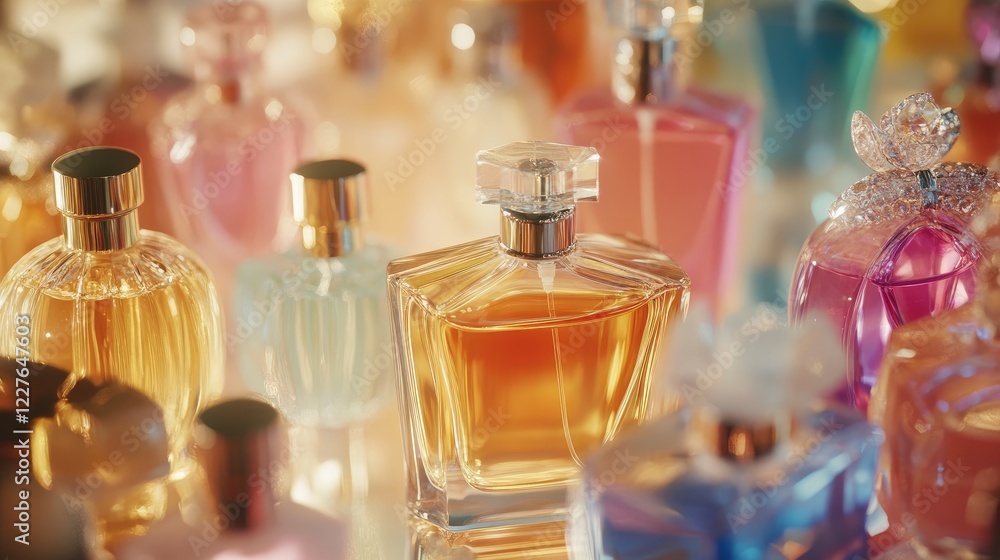 Macro dolly shot highlighting an exquisite array of colorful perfume bottles in a soft-focus background for a luxurious aesthetic. Macro dolly shot highlighting an exquisite array of colorful perfume bottles in a soft-focus background for a luxurious aesthetic.
