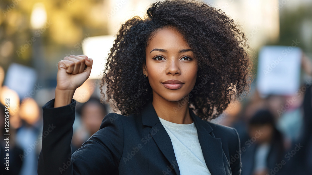 Obraz premium Portrait of successful African-American businesswoman in business suit, with raised fist on rally with people on the street